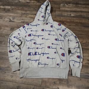 Champion Hoodie Sweatshirt all over pattern Size L small paint mark2477